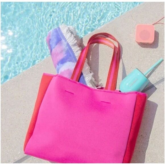 Summersalt Neoprene Beach Pool Tote Shoulder‎ Bag NWOT Hot Pink Hibuscus Red - Picture 1 of 13
